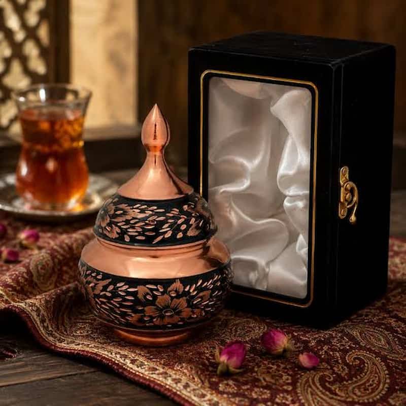قندان مسی الماس‌تراش با سطح منشوری و پرداخت هنری